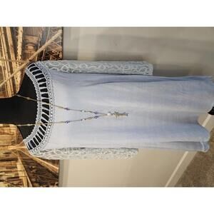 Jodifl Light Blue Off-Shoulder Dress with Lace Sleeves